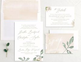 Invitation suite with watercolor neutrals, greenery and elegant calligraphy