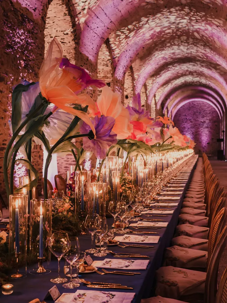 Expansive Dining Table With Tall, Large Floral Centerpieces, Candles in Ancient Castle Hall