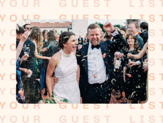 Couple at wedding surrounded by guests throwing confetti