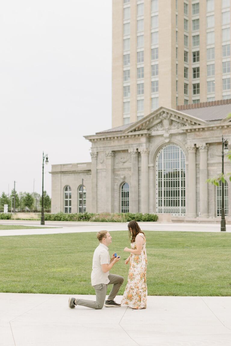 Zack proposes in front of Michigan Central Station