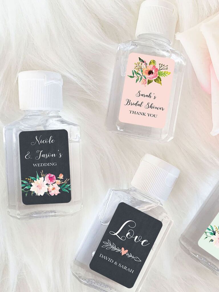 Mini hand sanitizers with custom labels with flower graphics 