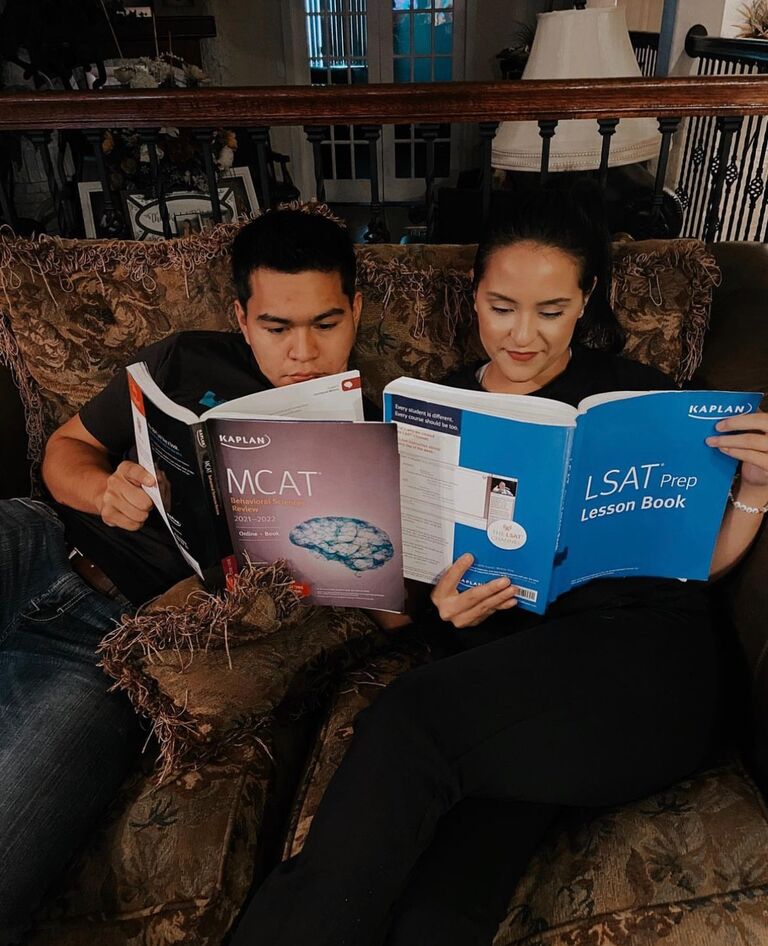 MCAT AND LSAT STUDYING - Upon graduation we studied for our Medical School and Law School entry exams together. Coco began studying for the MCAT and I started studying for the LSAT.  During the rise of the COVID pandemic, while simultaneously studying and prepping applications, Coco volunteered us to help at our county's vaccination site. FUN FACT: Our city's main vaccination site is actually the same location as our wedding venue! This time of our lives was hectic and overwhelming, but our strong foundation kept us firm in our faith for the future God had for us.