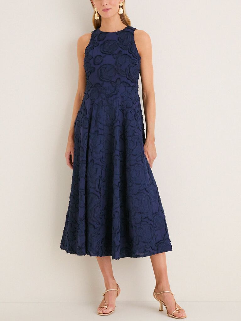 Tuckernuck navy textured midi wedding guest cocktail dress