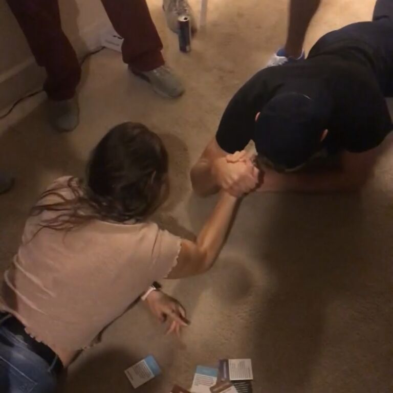 The night we first met. The men's and women's basketball teams hung out and since Jake lived with multiple basketball players, he happened to be there. Megan ended up arm wrestling a guy and  Jake must've been impressed ;) the rest... history 
