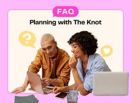 Couple working on The Knot wedding website together, the knot faq