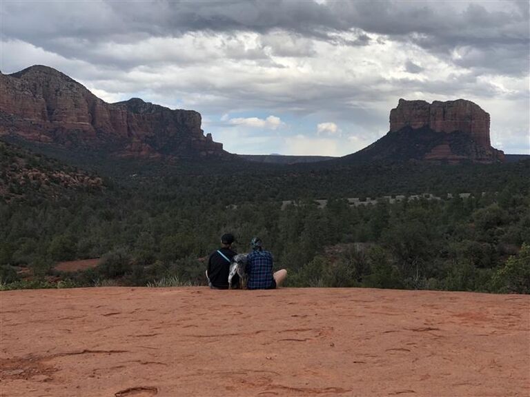 Eve was finishing her degree and Galen had started his first job out of college; both kept crazy hours that overlapped in the late afternoon. Many hours were spent on the back patio discussing the stresses of early adulthood with PBRs in-hand. They quickly fell in love and decided to become "more than friends".  Here they are pictured in Sedona, AZ. 