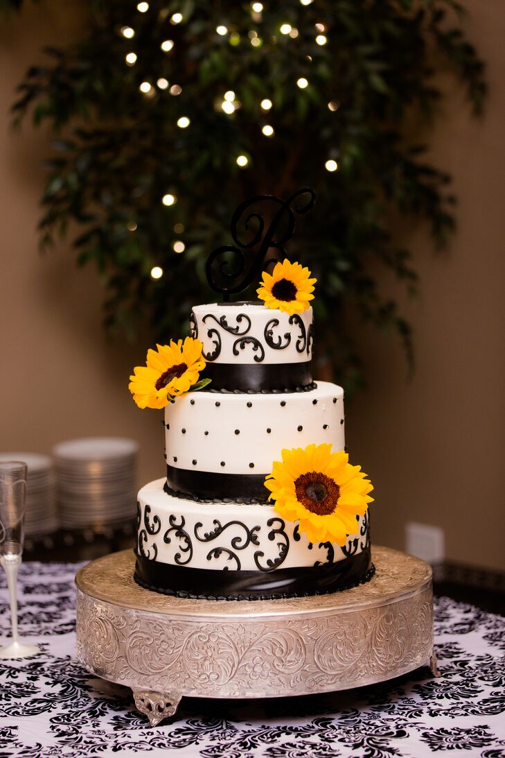 ThreeTier Black and White Wedding Cake With Sunflowers