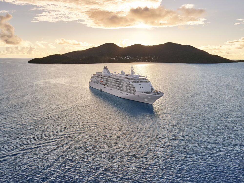 Cruise ship sailing in front of island
