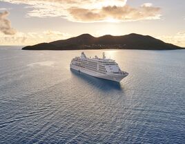 Cruise ship sailing in front of island