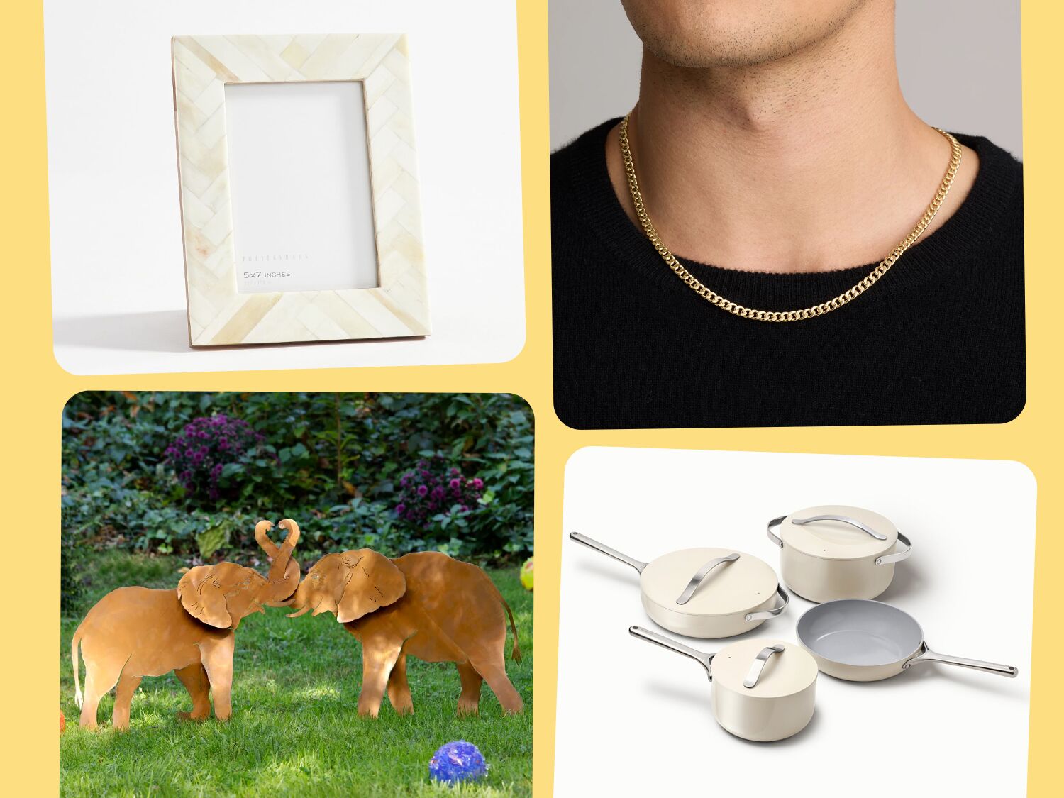14 year anniversary gifts: photo frame, gold chain, cookware set, elephant sculpture