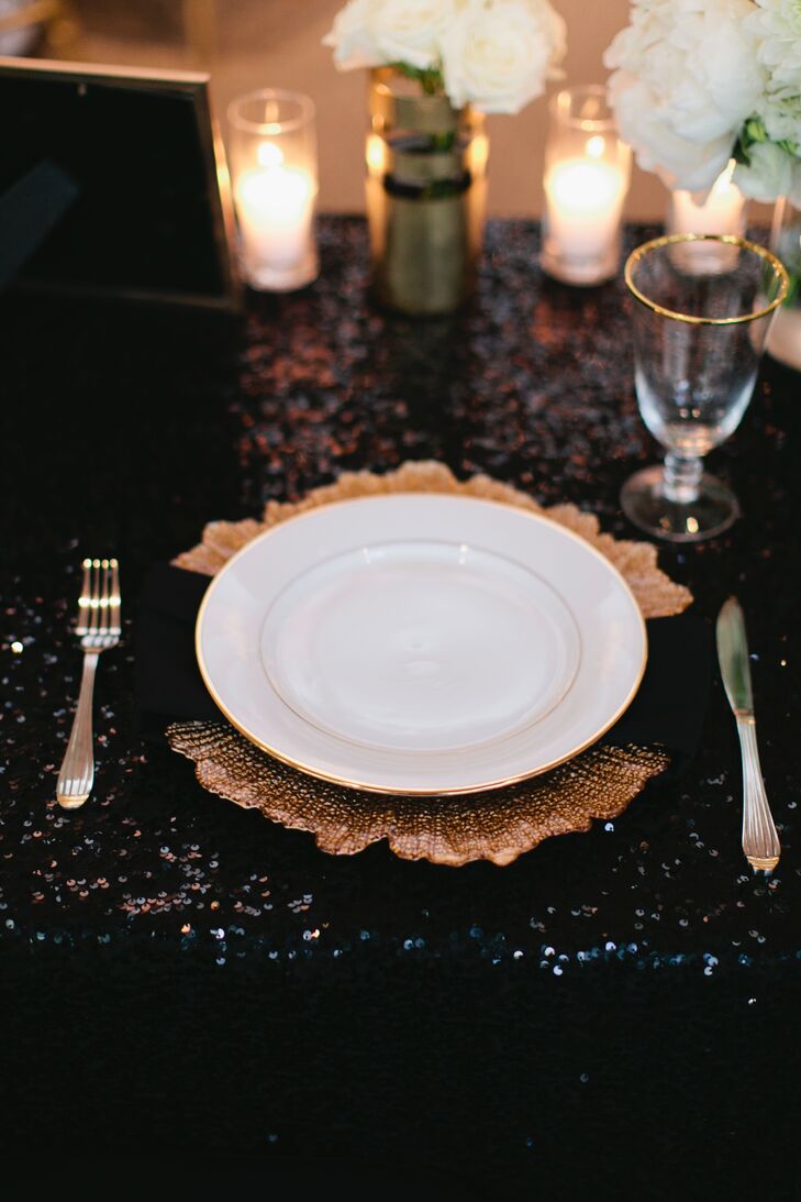 Gold Charger On Black Sequined Dining Table