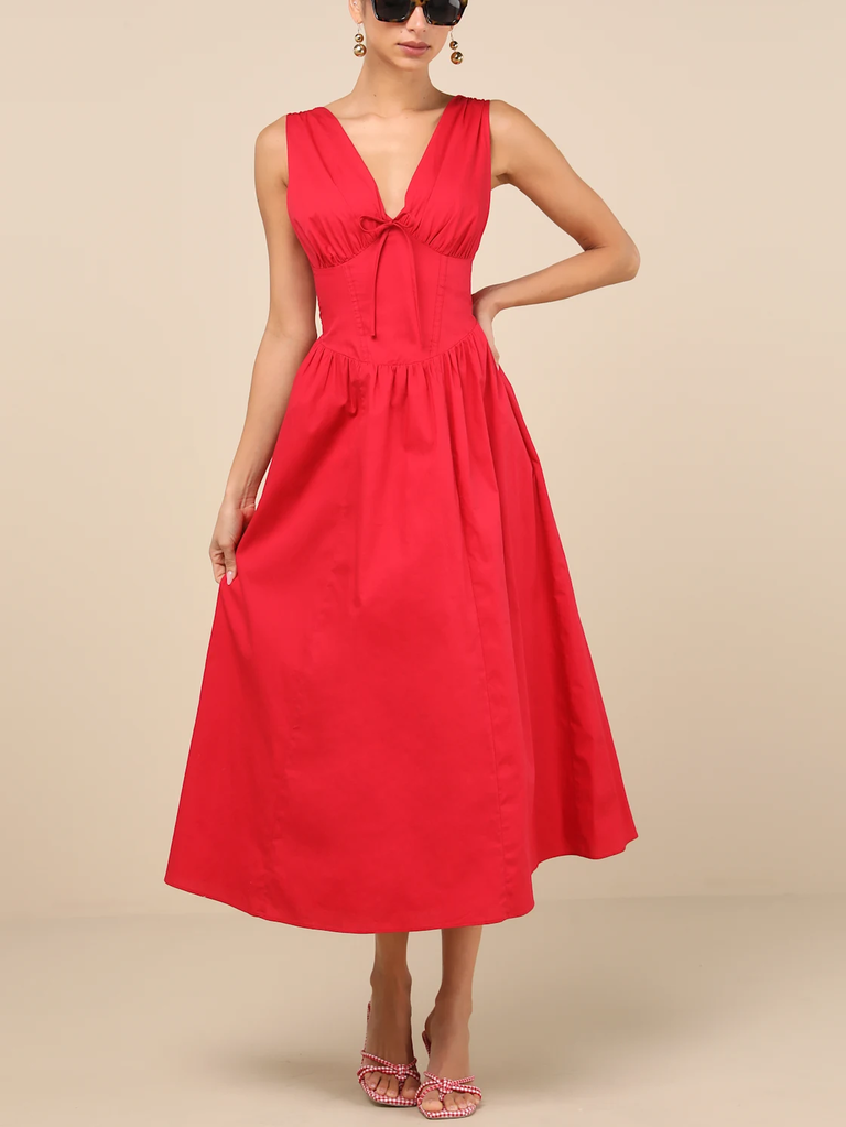 Lulus red poplin midi rehearsal dinner bridesmaid dress
