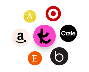 A graphic of The Knot logo surrounded by store logos including Etsy, Target, Amazon, Crate & Barrel, Anthropologie and Bloomingdale’s.