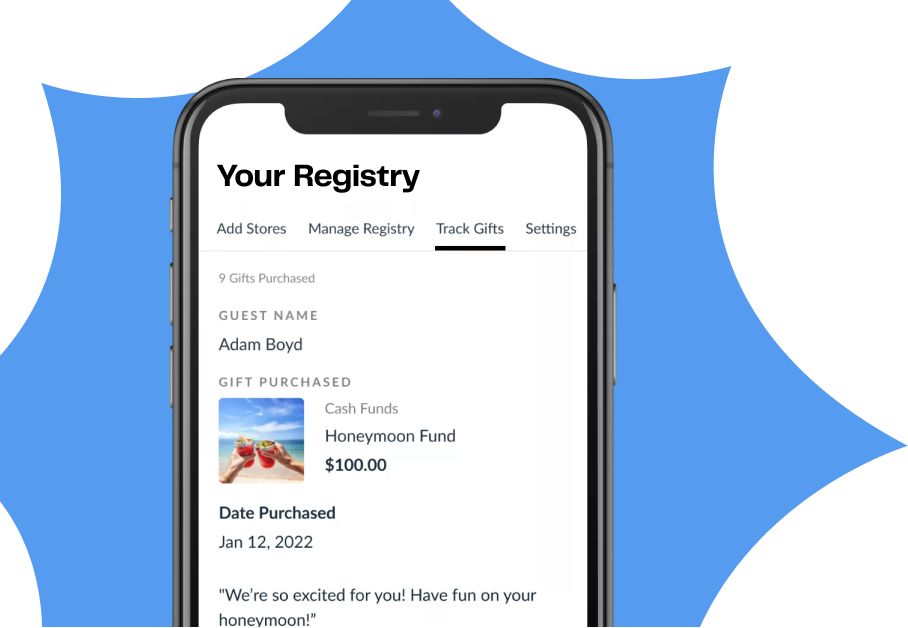 The registry section of The Knot app with tabs to add stores, manage registry and track gifts. The track gifts tab shows gifts purchased along with guest name, date purchased and a note.
