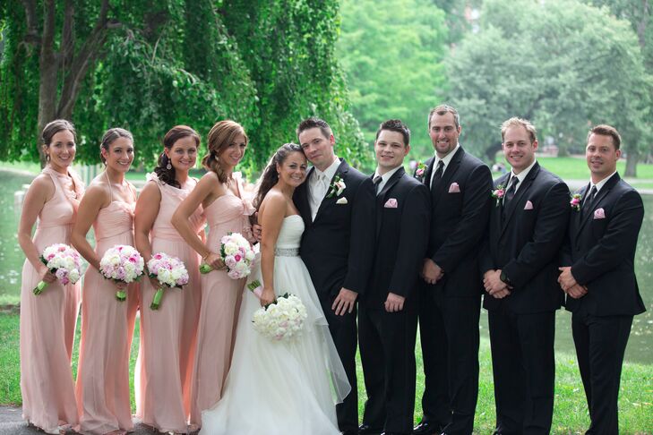 Pale Pink Bridesmaids  Dresses  and Black Groomsmen  Tuxedos 