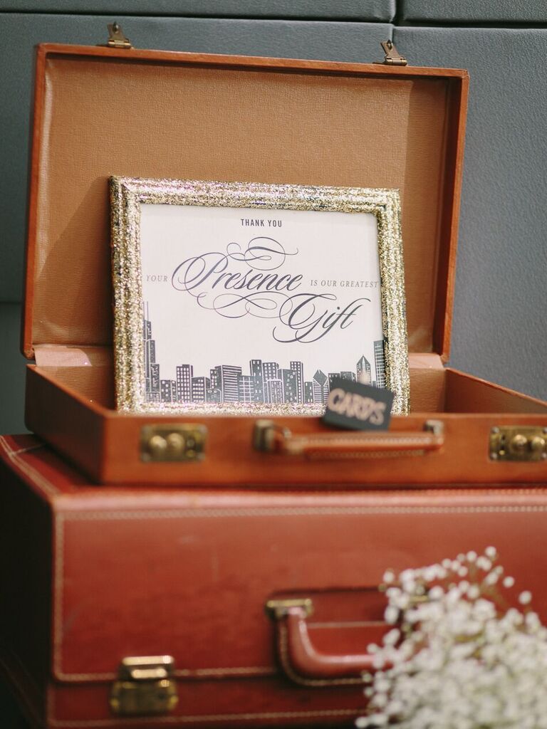 vintage brown leather suitcases as unique wedding card box idea