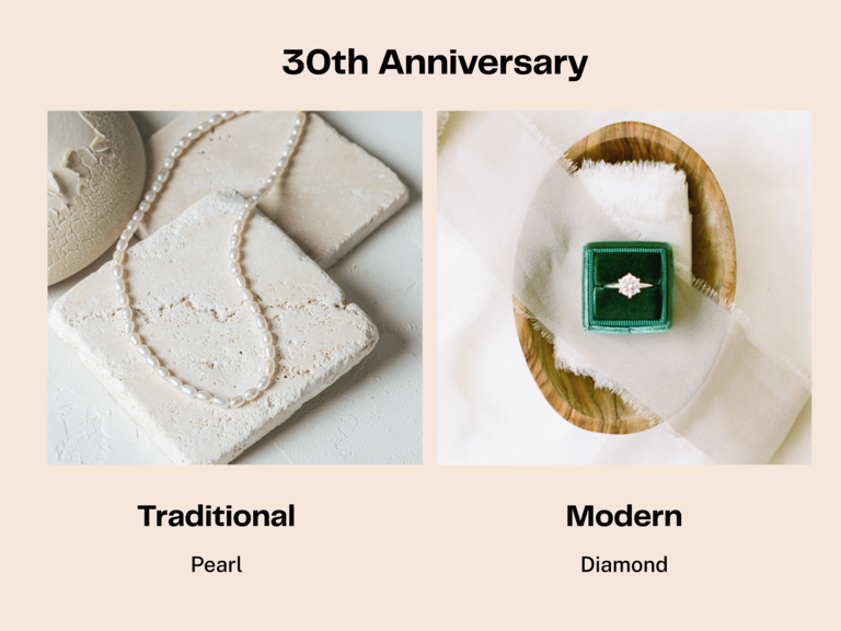 Thirtieth wedding anniversary traditional gift pearl and modern gift diamond