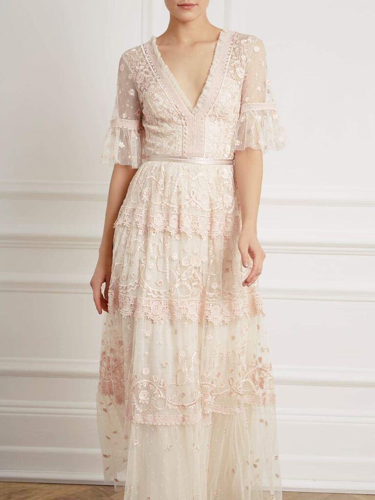Lace tiered maxi dress with flutter sleeves and embroidery
