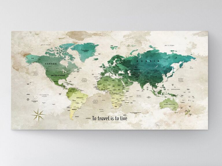 Canvas map of the world art with push pins for tracking travels gift for fiancé