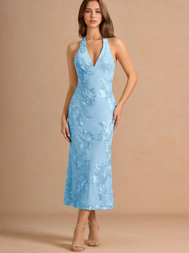 Azazie blue midi summer wedding guest dress
