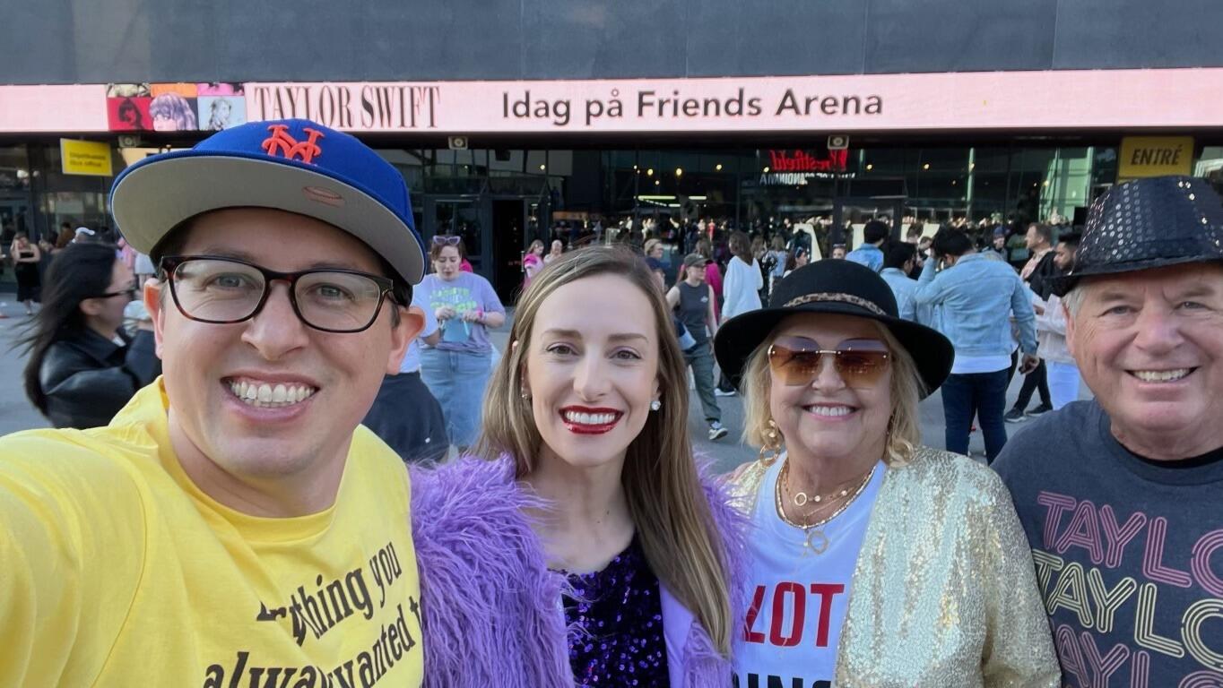 Kirsten has the honor and pleasure of taking Tyler and his parents, Cindy and Dennis, to their first ever Taylor Swift concert in Stockholm, Sweden! Afterwards, Dennis says, "That was the greatest show I've ever seen. Better than Broadway, better than Hollywood!" Kirsten is thrilled to have successfully brought her future in-laws into the fold of her special interest.