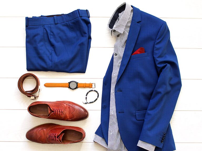 blue blazer and brown shoes