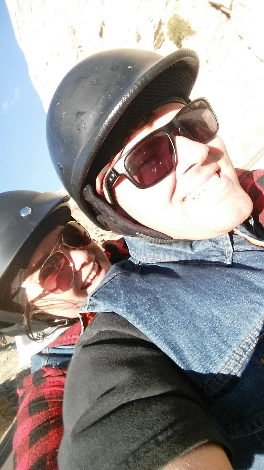 Riding the Harley through Zion National Park.  As you can tell, going fast always puts a smile on our face!