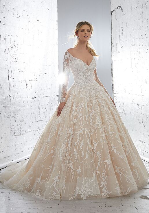 illusion sleeve plunging ball gown wedding dress