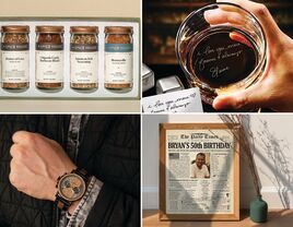 Four 50th birthday gifts for husband: barbecue spice set, engraved whiskey glass, custom birthday print, whiskey barrel watch