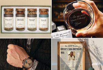 Four 50th birthday gifts for husband: barbecue spice set, engraved whiskey glass, custom birthday print, whiskey barrel watch