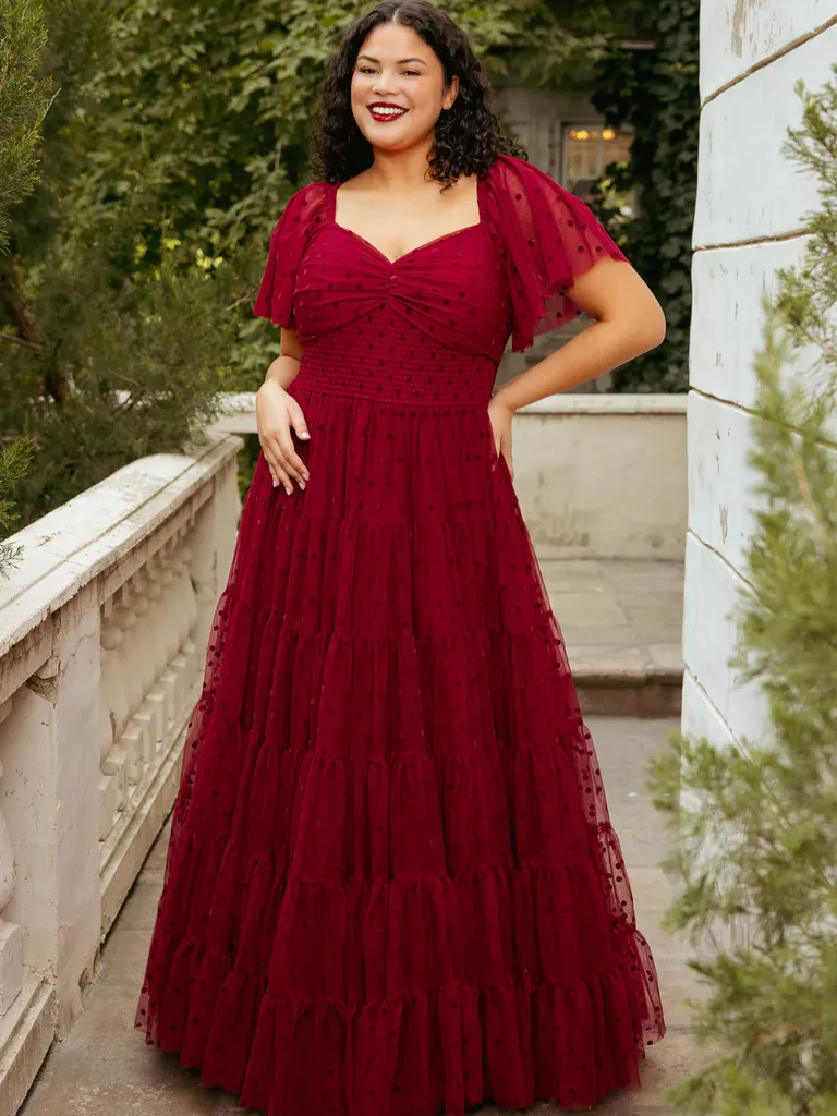 Burgundy tiered tulle maxi winter wedding guest dress from Ivy City