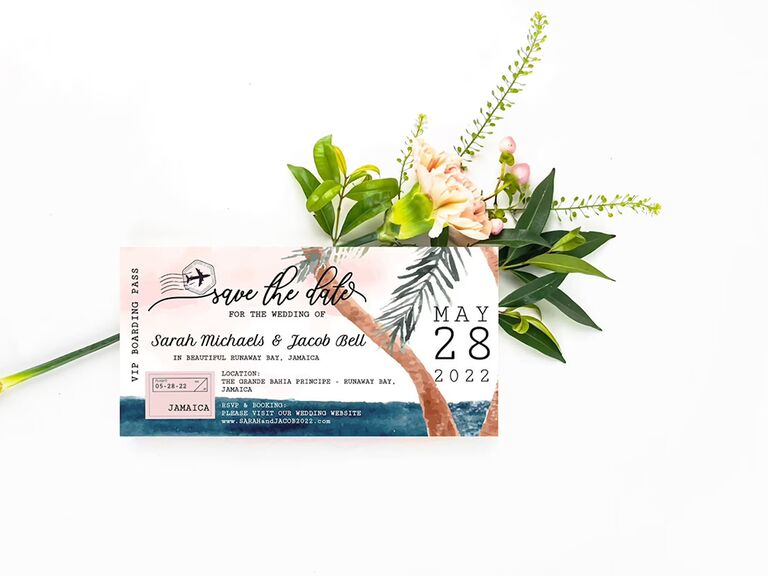 Plane ticket design with palm tree graphic and blue and blush color palette