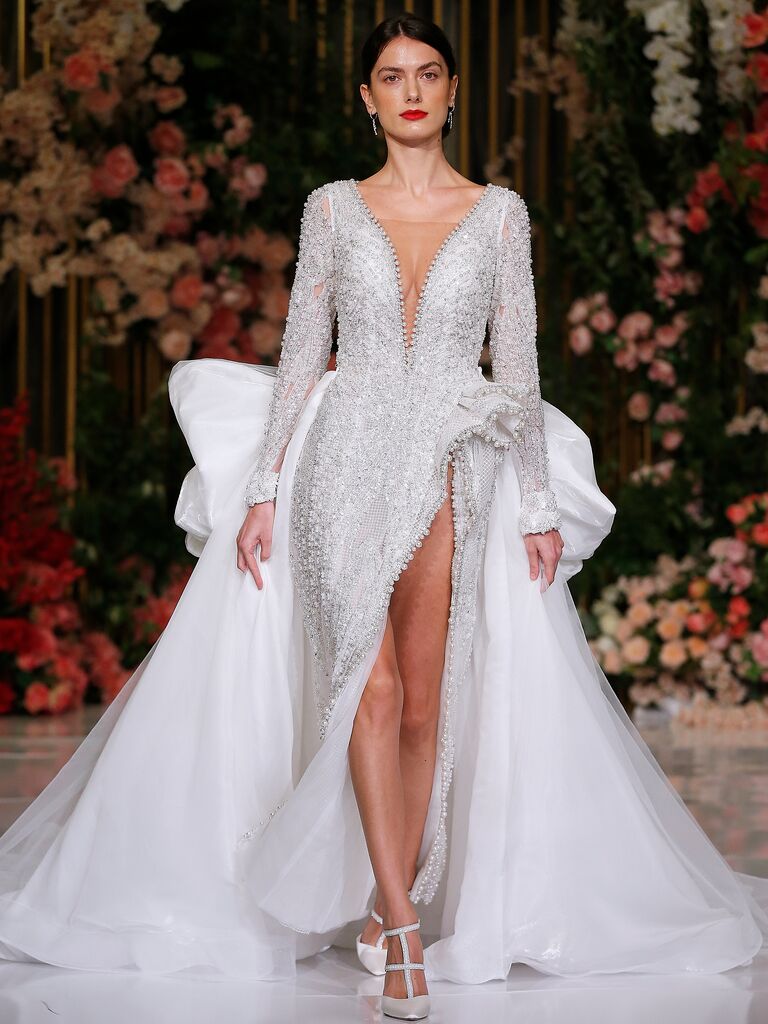 Silver rhinestone beaded maximalist wedding dress, fashion trends 2024