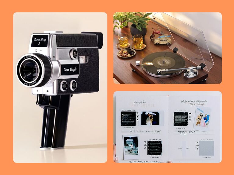 Three gifts: point and shoot camera, record player, scrapbook