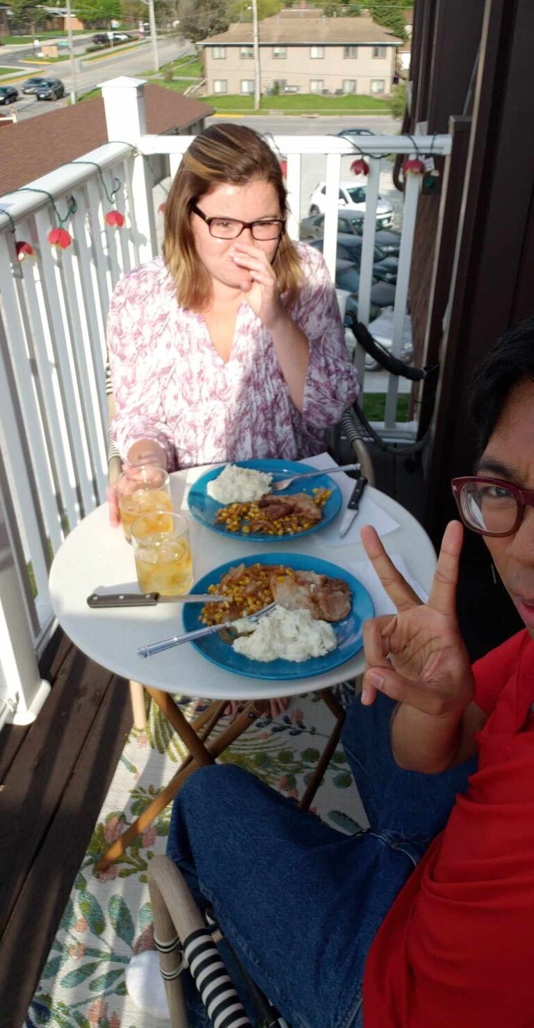 First dinner on Victoria's apartment porch; whiskey-butter pork chops.
