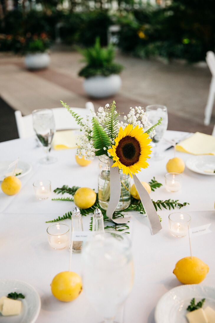 Sunflower Fern And Lemon Wedding Centerpieces