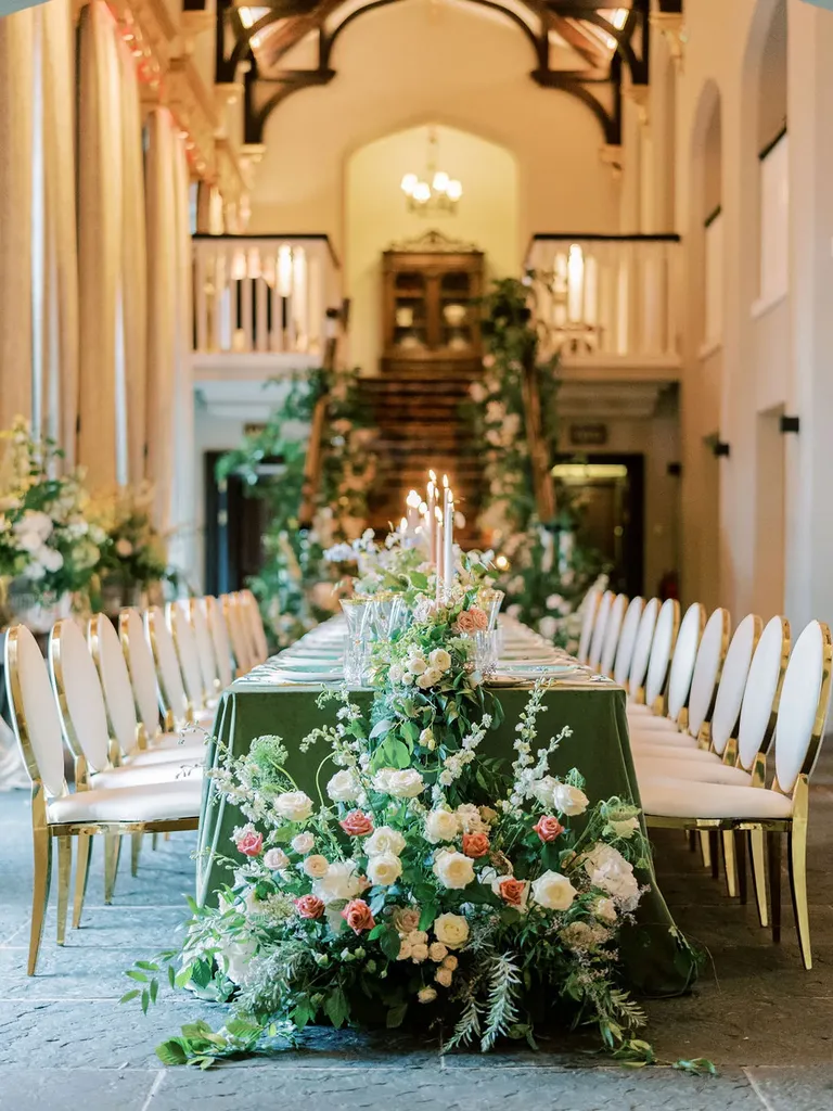 Green banquet table, taylor swift themed wedding 