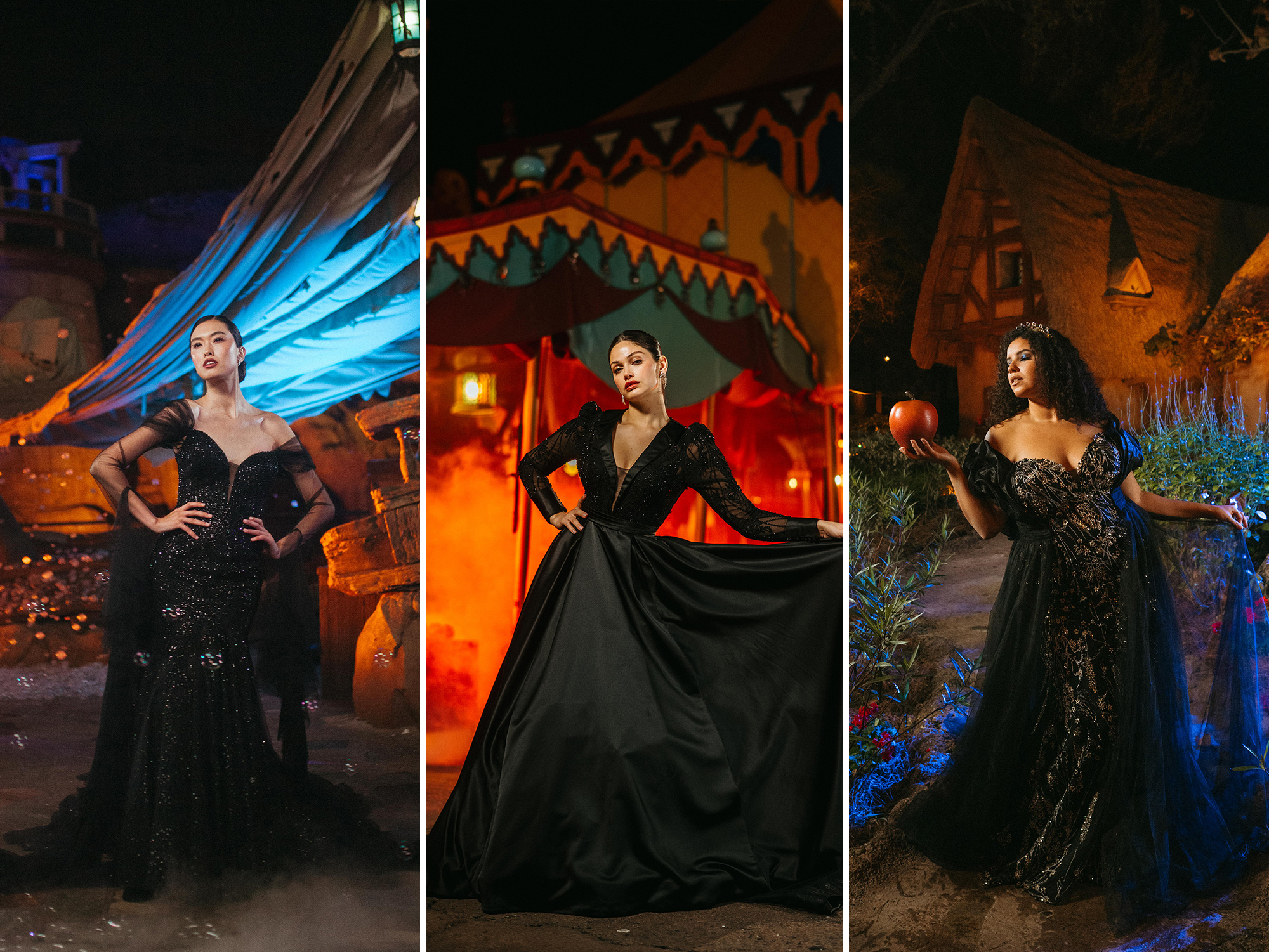 Brides wearing black wedding dresses inspried by Disney villains 
