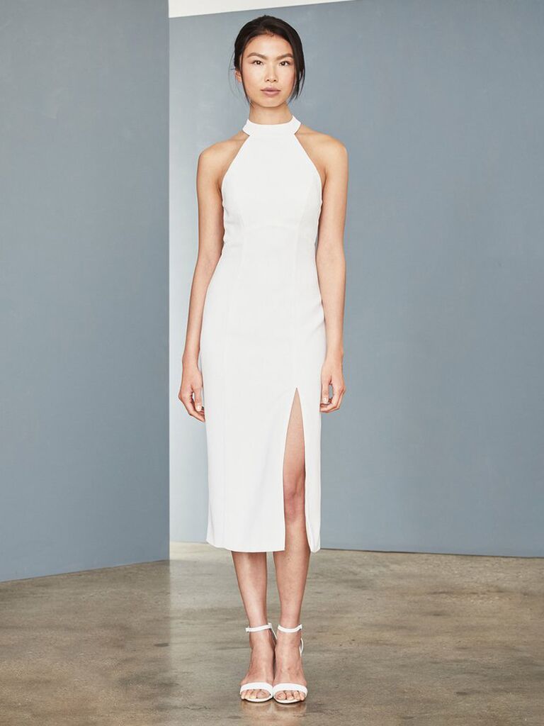 amsale white sheath wedding midi dress with halter neckline mesh back with buttons and plain skirt with slit
