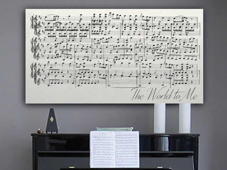 Customized print of sheet music hangs above a piano. 