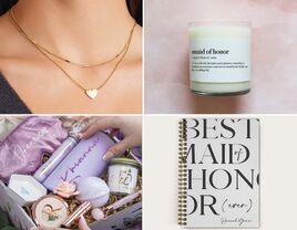 Four maid of honor proposal gift ideas: heart pendant necklace, candle, notebook, proposal gift box