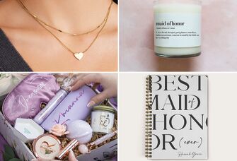 Four maid of honor proposal gift ideas: heart pendant necklace, candle, notebook, proposal gift box
