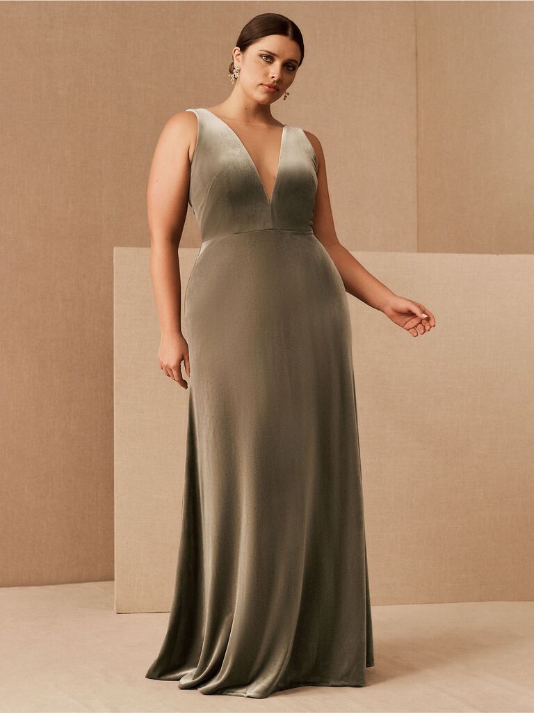bhldn velvet sage dress with thick straps deep v and flowy pleated skirt for what to wear to a halloween wedding