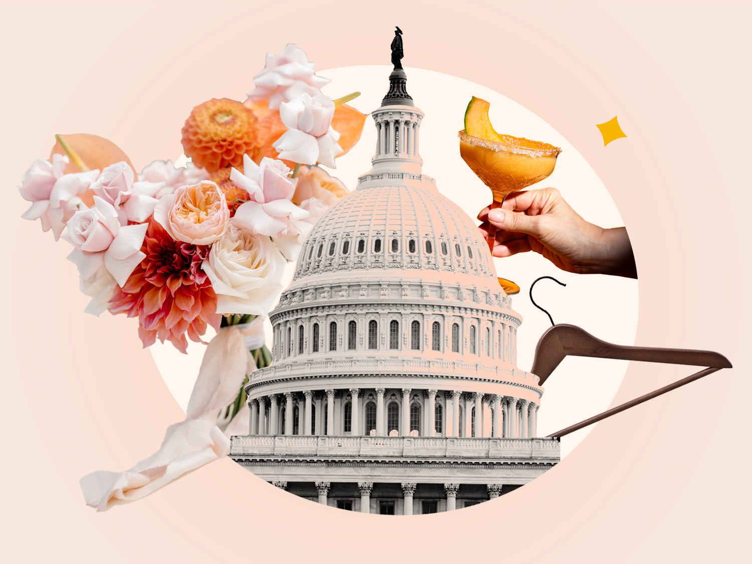 Collage of US Capitol with wedding decor and accents