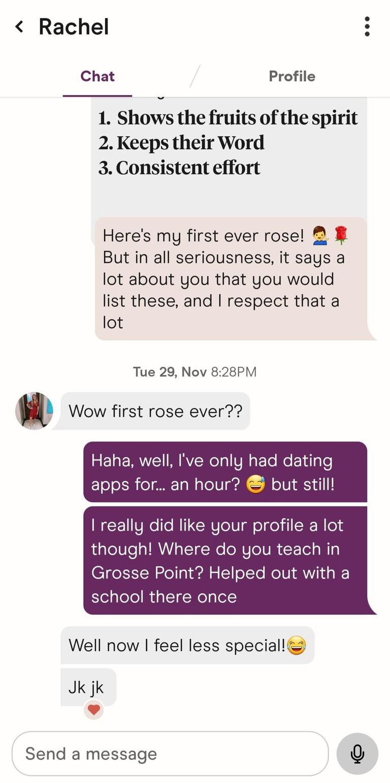 Where it all began... the only person Adam ever messaged on Hinge. 