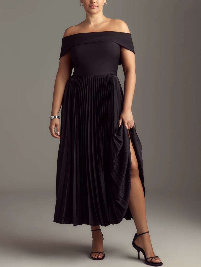 Anthropologie black off-shoulder midi petite wedding guest dress for over 50s