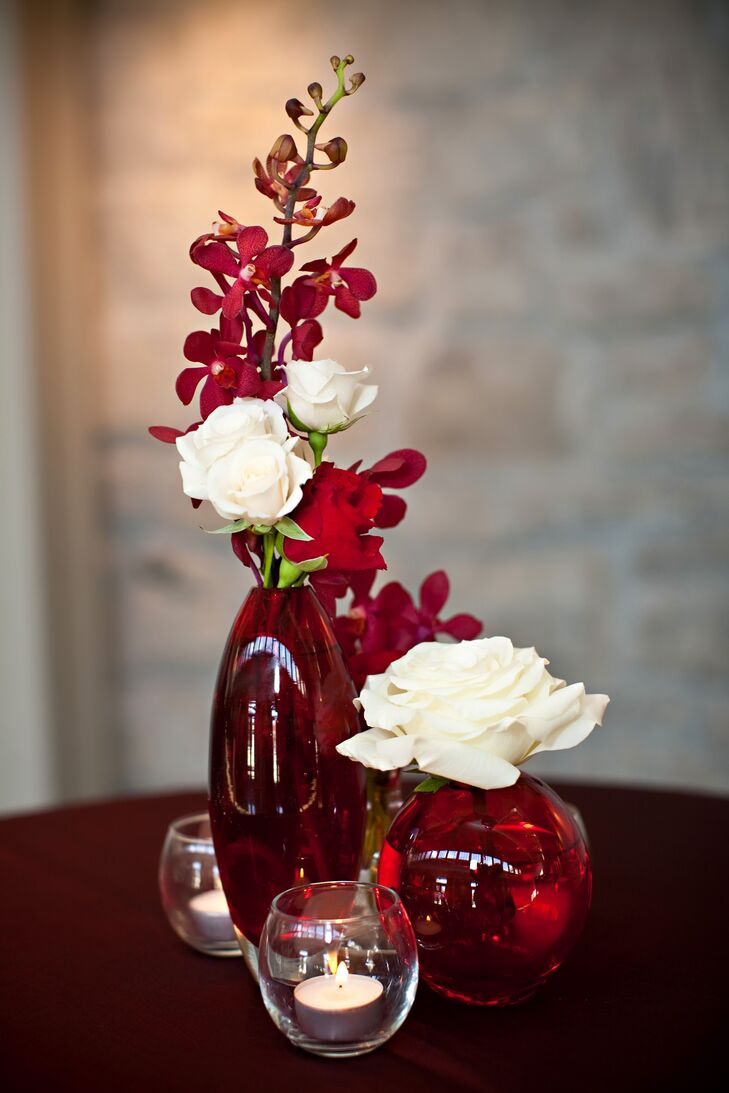 Red and White Orchid and Rose Centerpieces