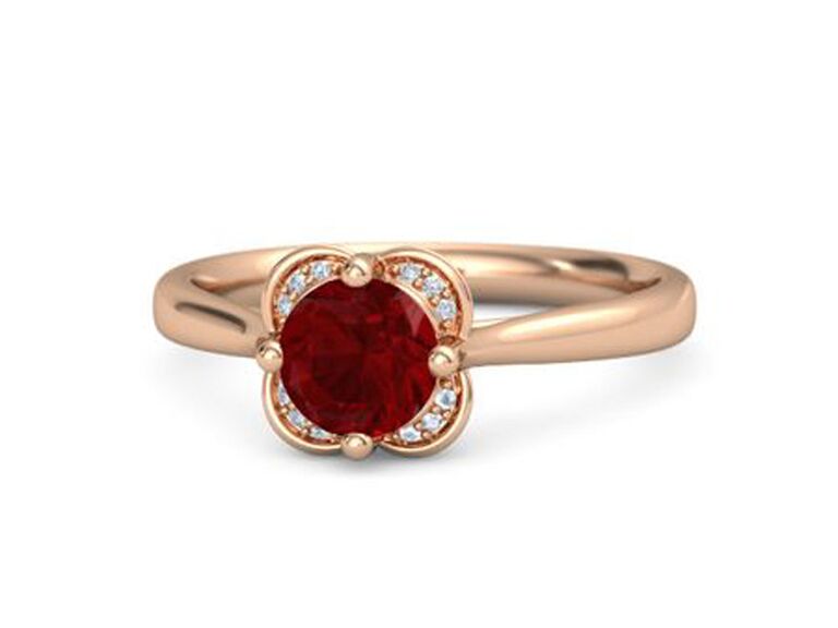 gemvara flower engagement ring with round ruby round diamond and rose gold halo and plain rose gold band