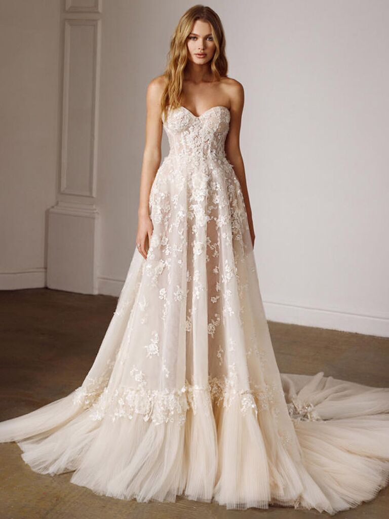 galia lahav off white strapless wedding dress with sweetheart neckline lace chest and flowy pleated lace skirt with tulle trim