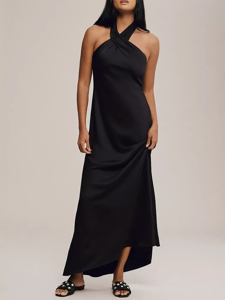 Black Twist Halter Plus Size Satin Bridesmaid Gown